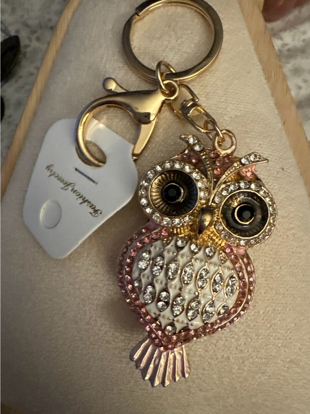 Gold & Pink Crystal Owl Keychain Bag Charm